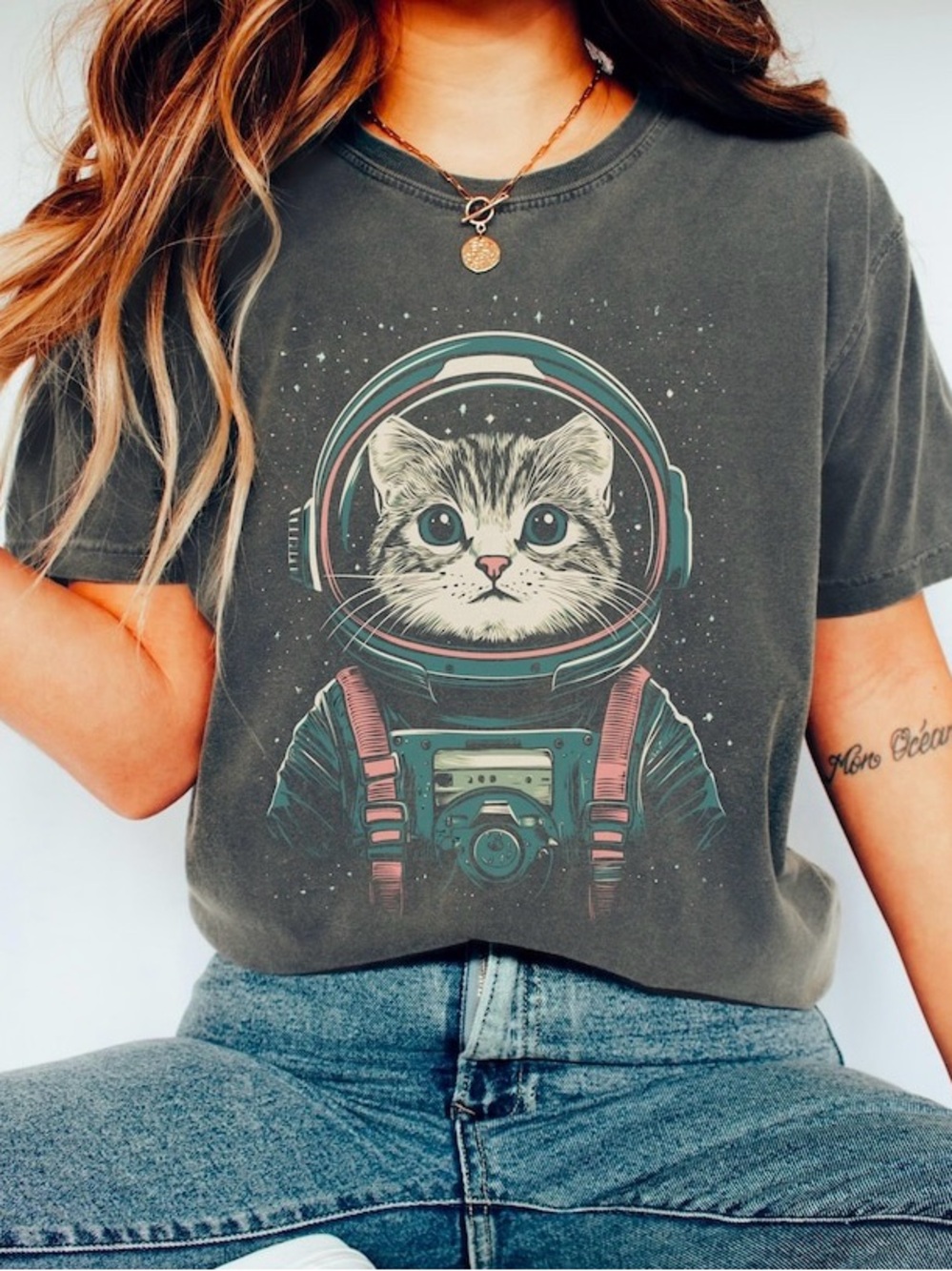 Comfort Colors Astronaut Cat Vintage Space Graphic Tee For Cat Lover